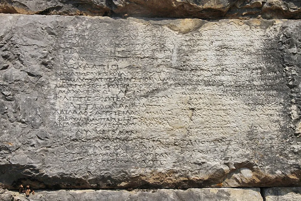 A weathered grey stone block covered in rows of small carved Greek letters.