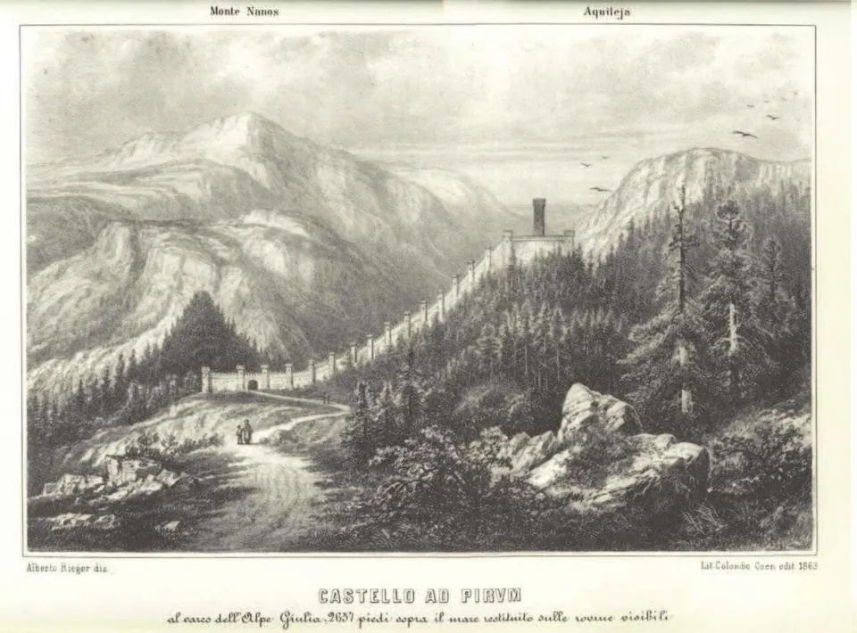 A 19th-century lithograph of a road climbing through wooded mountains to a gatehouse, with a wall running up the slope to a tall square tower.
