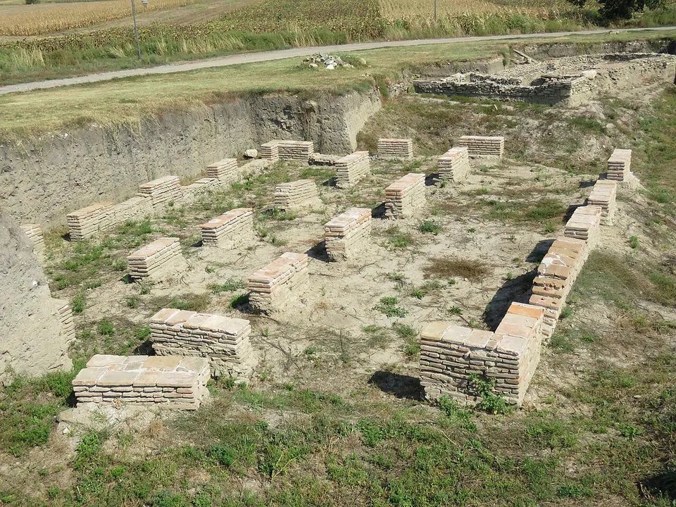 A wide excavation cutting with rows of low rectangular footings built of thin bricks, standing on bare earth, with a track and a maize field along the top edge.