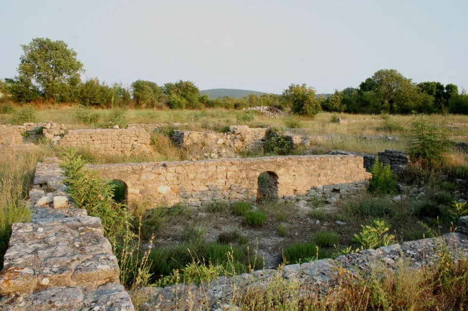 Conserved Roman walls of pale stone around a sunken room, with a low arched opening in the far wall, weeds growing among the stones and trees on the horizon.