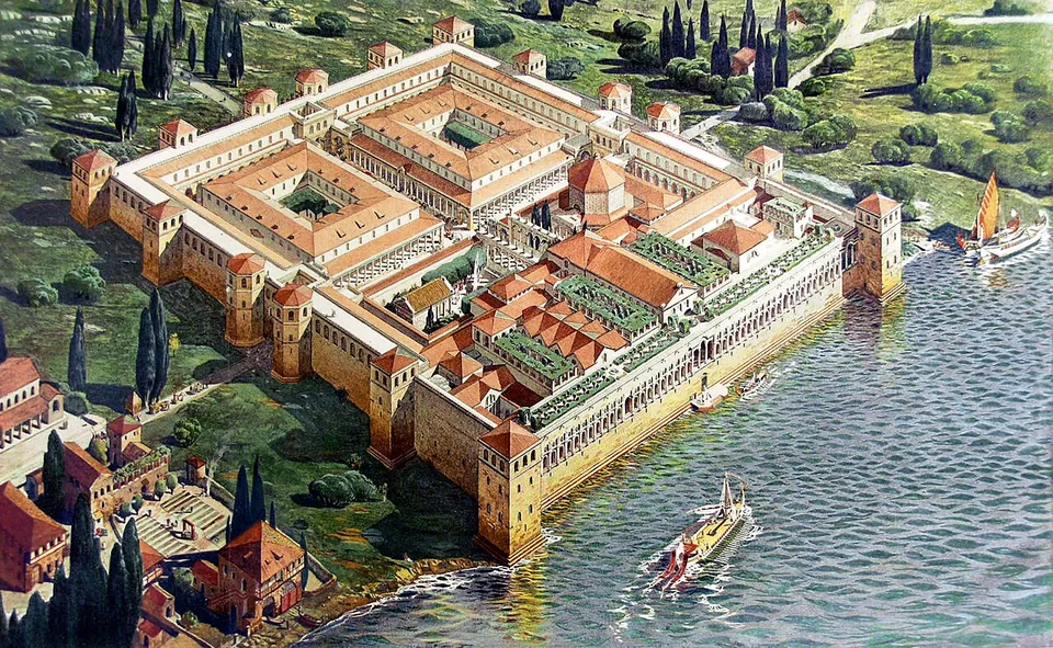 A coloured bird's-eye drawing of a rectangular walled palace on a shore, with towers along its landward walls, courtyards and domed buildings inside and an arcaded front facing the sea.