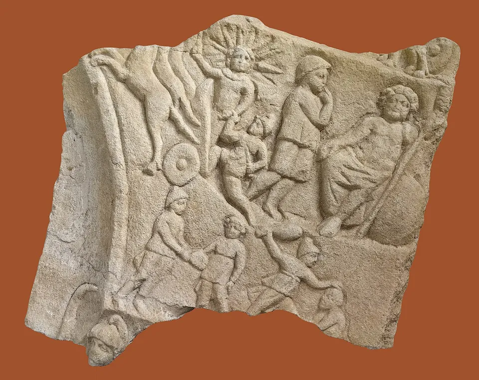 A broken stone slab carved in crowded relief with small figures — a radiate head, a figure with a round shield, standing and reclining figures — against a plain reddish-brown background.