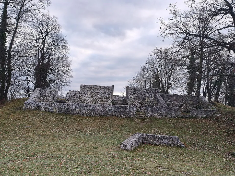 Grey drystone walls standing about head height on a grassy clearing among bare trees, with lower foundation courses running away from them across the slope.