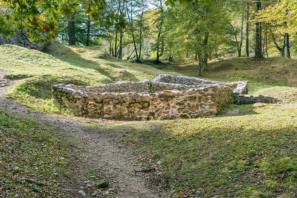 The rebuilt stone footings of a rectangular house in a sunlit clearing among beech trees, with a footpath curving past it.